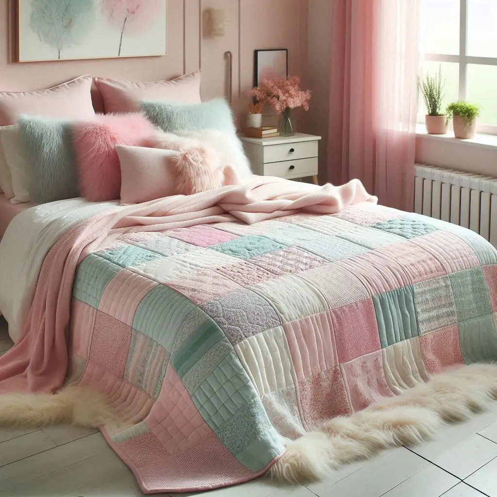 Pastel crochet patchwork blanket with soft pink and lavender tones.