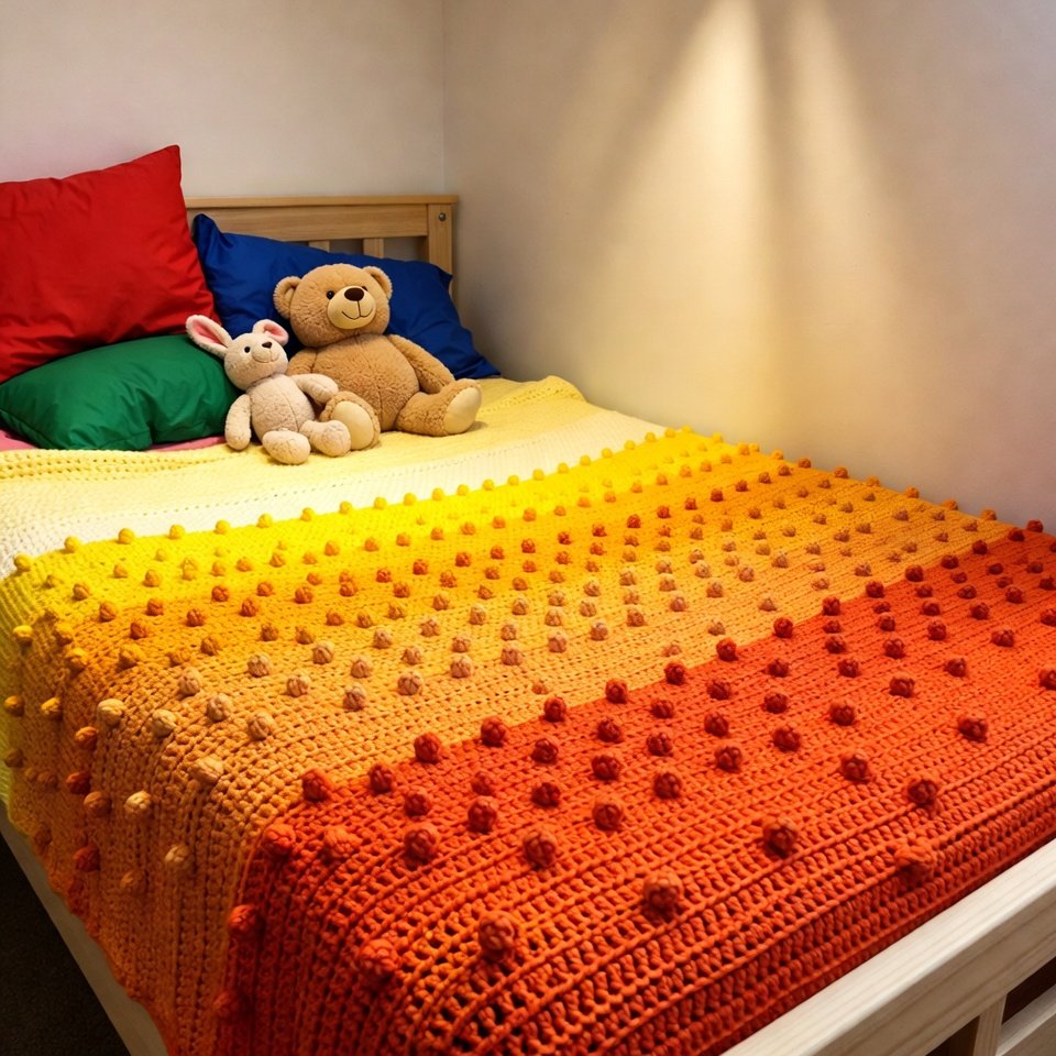 Bright yellow to orange bobble ombre crochet bed sheet on a kids’ twin bed with stuffed animals and colorful pillows.