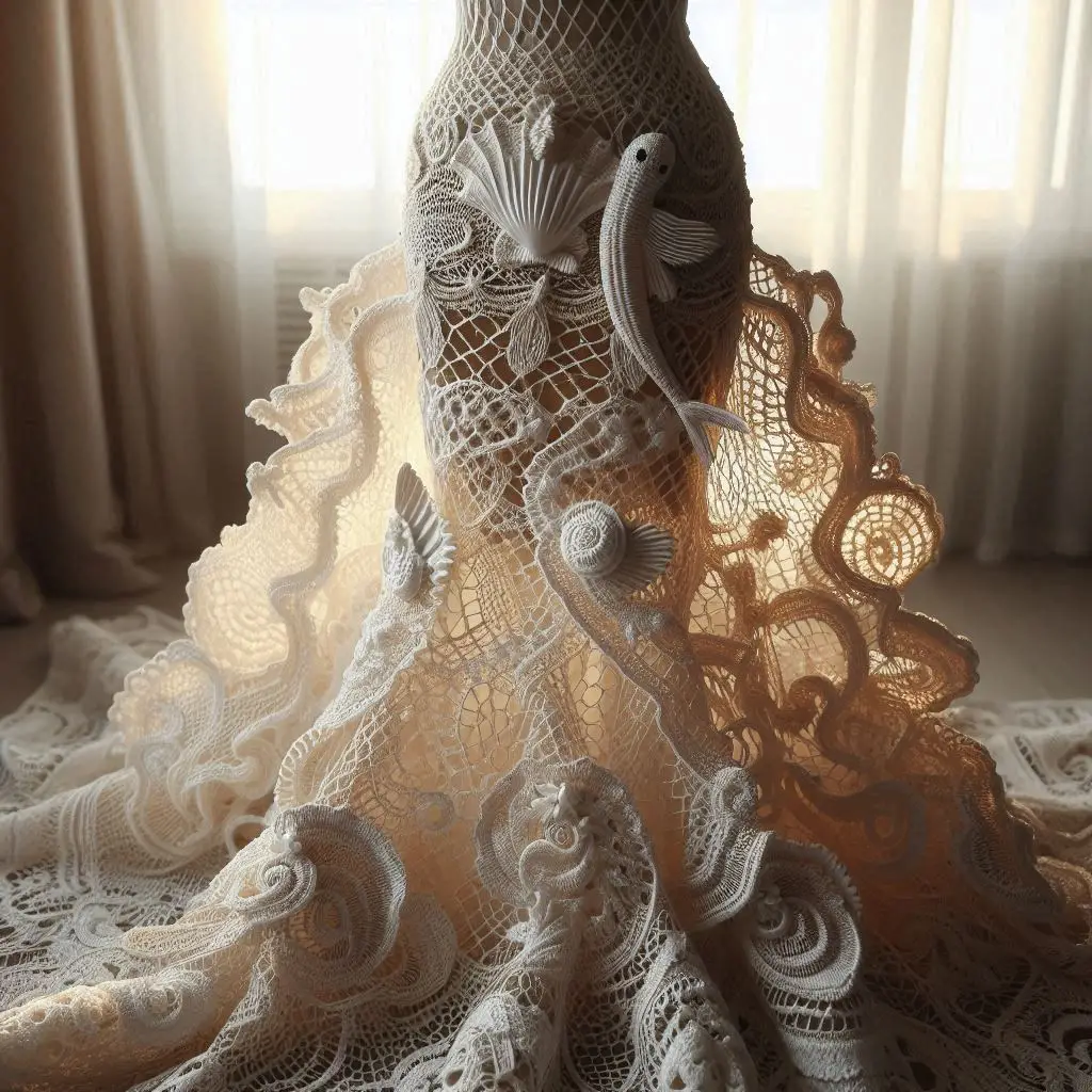 “Handmade mermaid lace crochet skirt with scalloped lace details.”