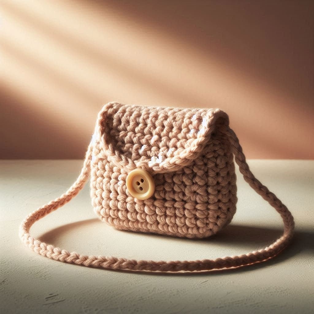“Pastel crochet mini crossbody pouch with button closure.”
