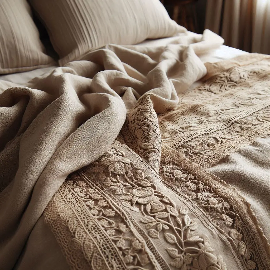 Beige linen bed sheet featuring white lace inserts across the fabric.