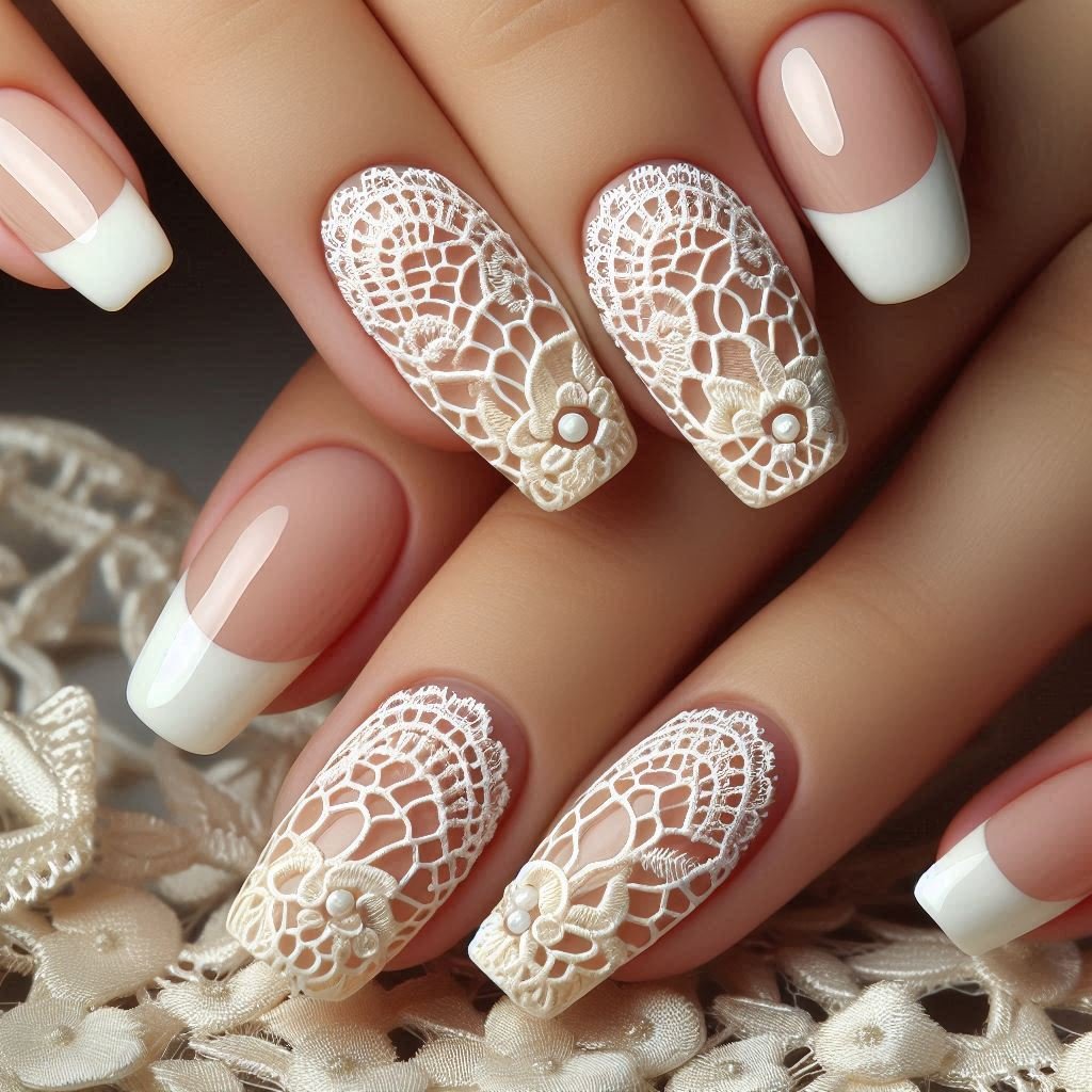 Ivory French tip nails with fine crochet lace doily detailing