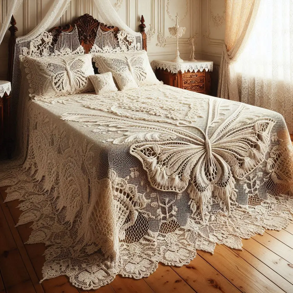 Fine lace butterfly and floral pattern in ivory thread.