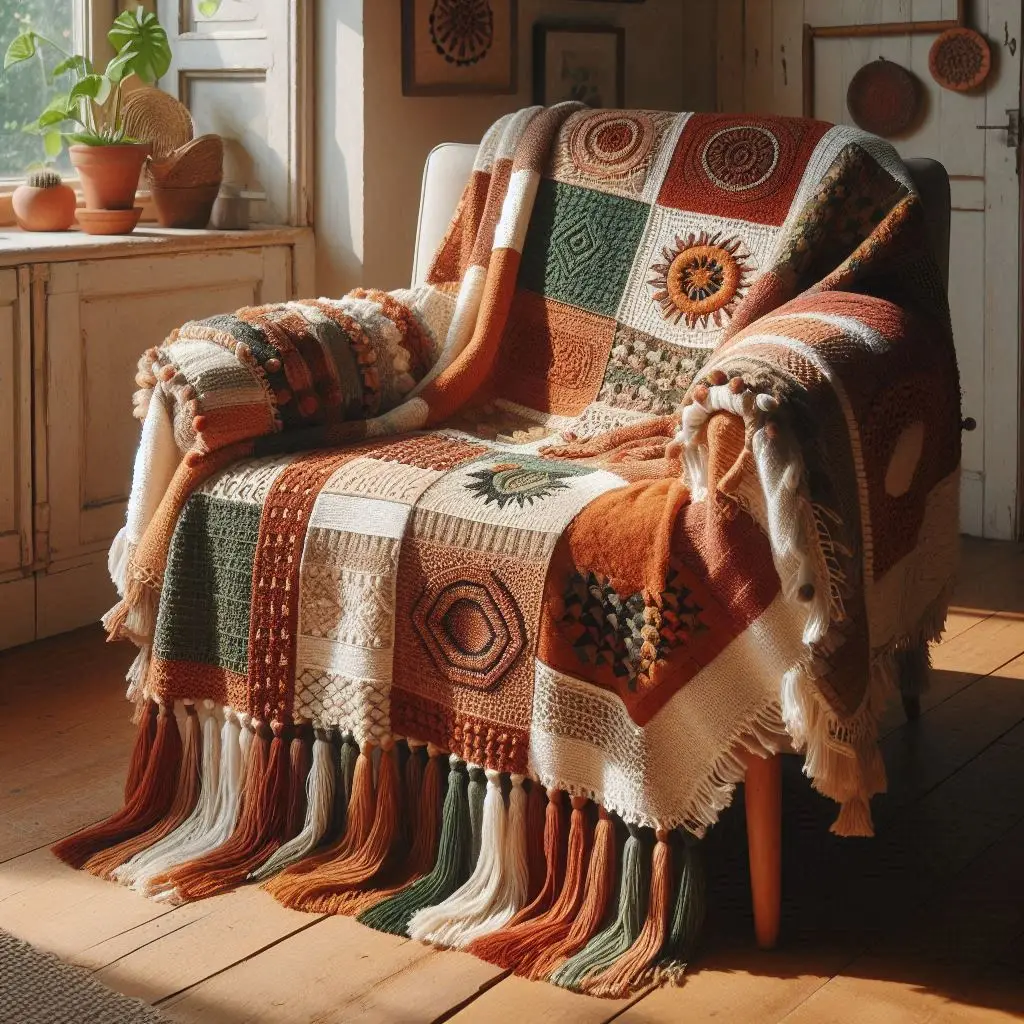 Boho crochet patchwork blanket with fringes on bed.