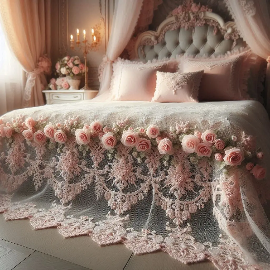 Bed sheet with lace trim decorated with mini crochet roses along the edges.