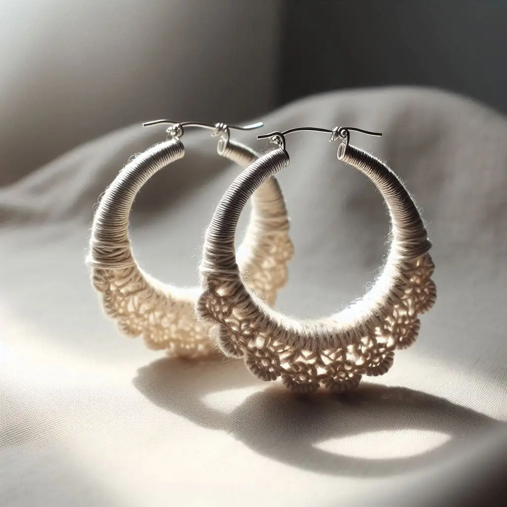 Handmade crochet hoop earrings with wrapped yarn and lace edging."