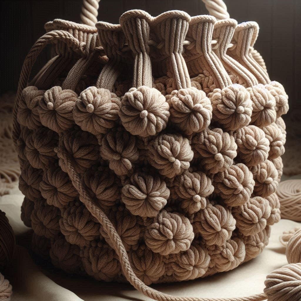 “Textured puff stitch crochet bucket bag with drawstring.”