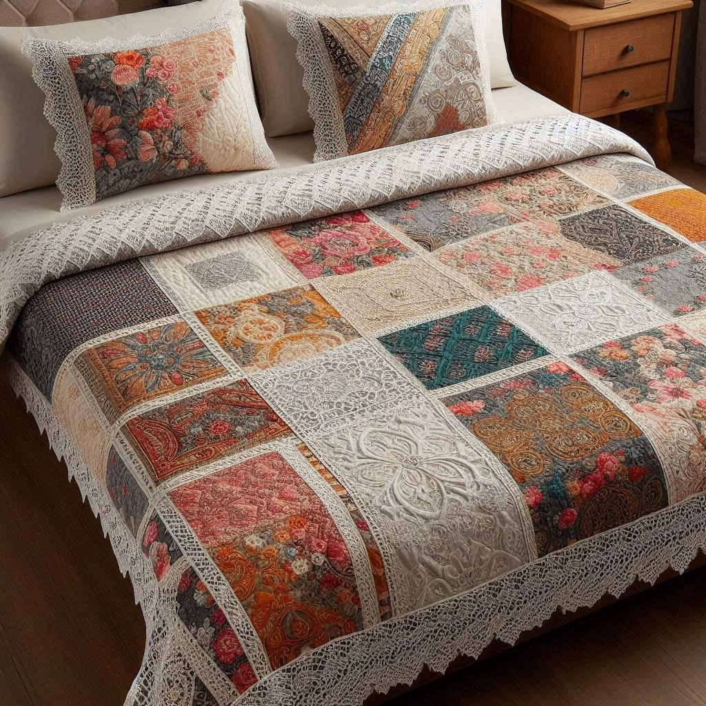 Patchwork-style bed sheet combining solid cotton and printed fabric with lace joints.