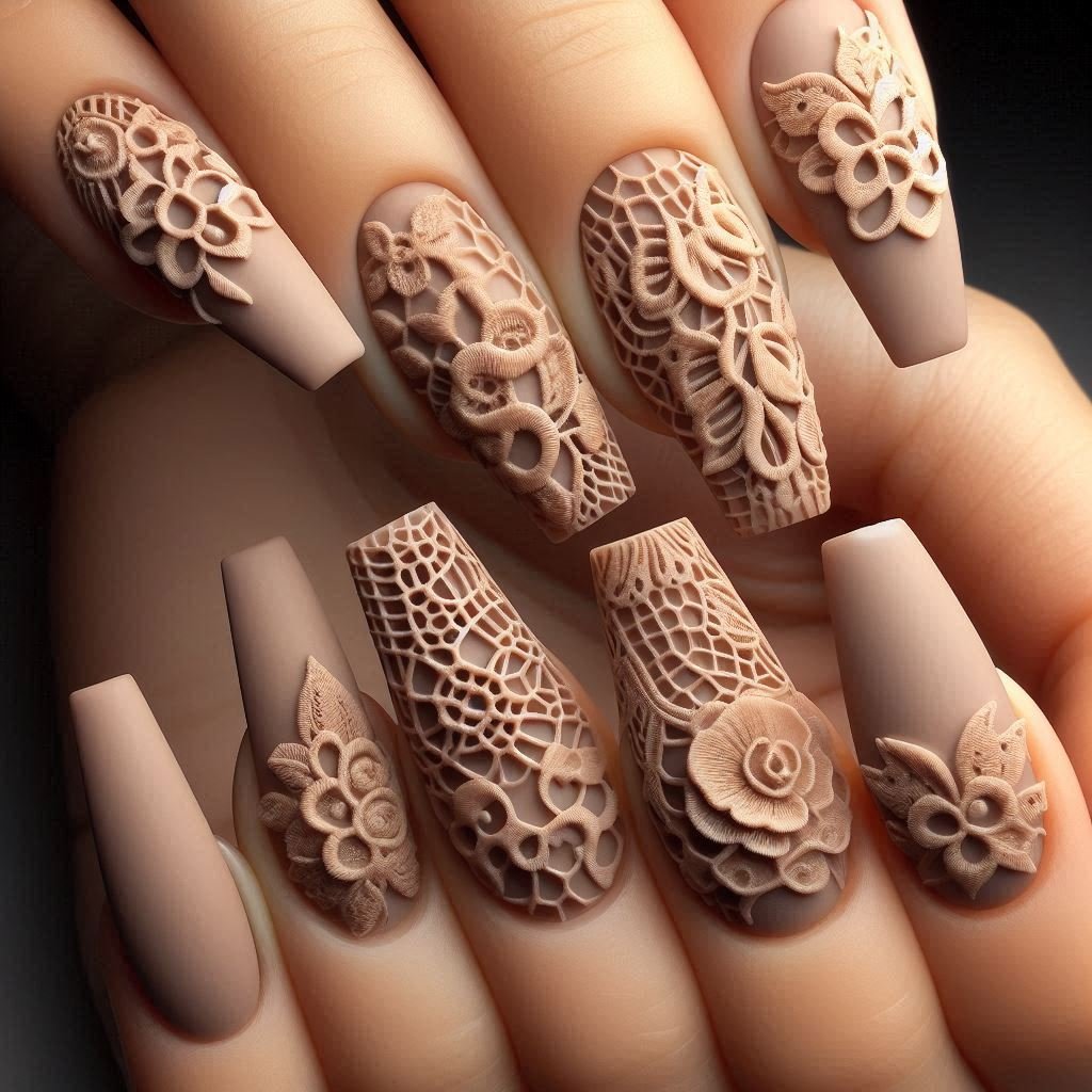 3D raised crochet lace texture nail art on soft pastel base