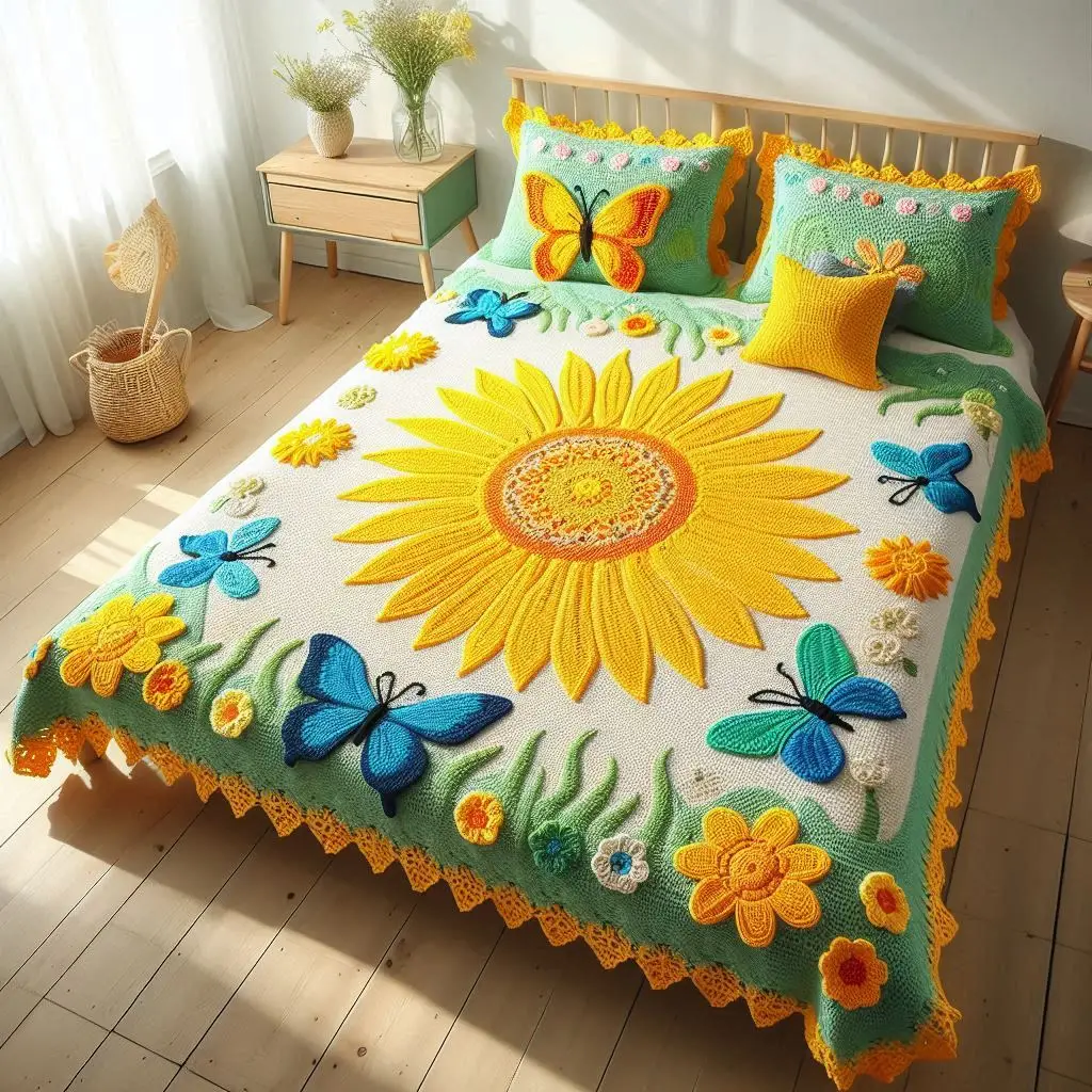 Colorful butterfly and flower motifs in vibrant yarn tones.