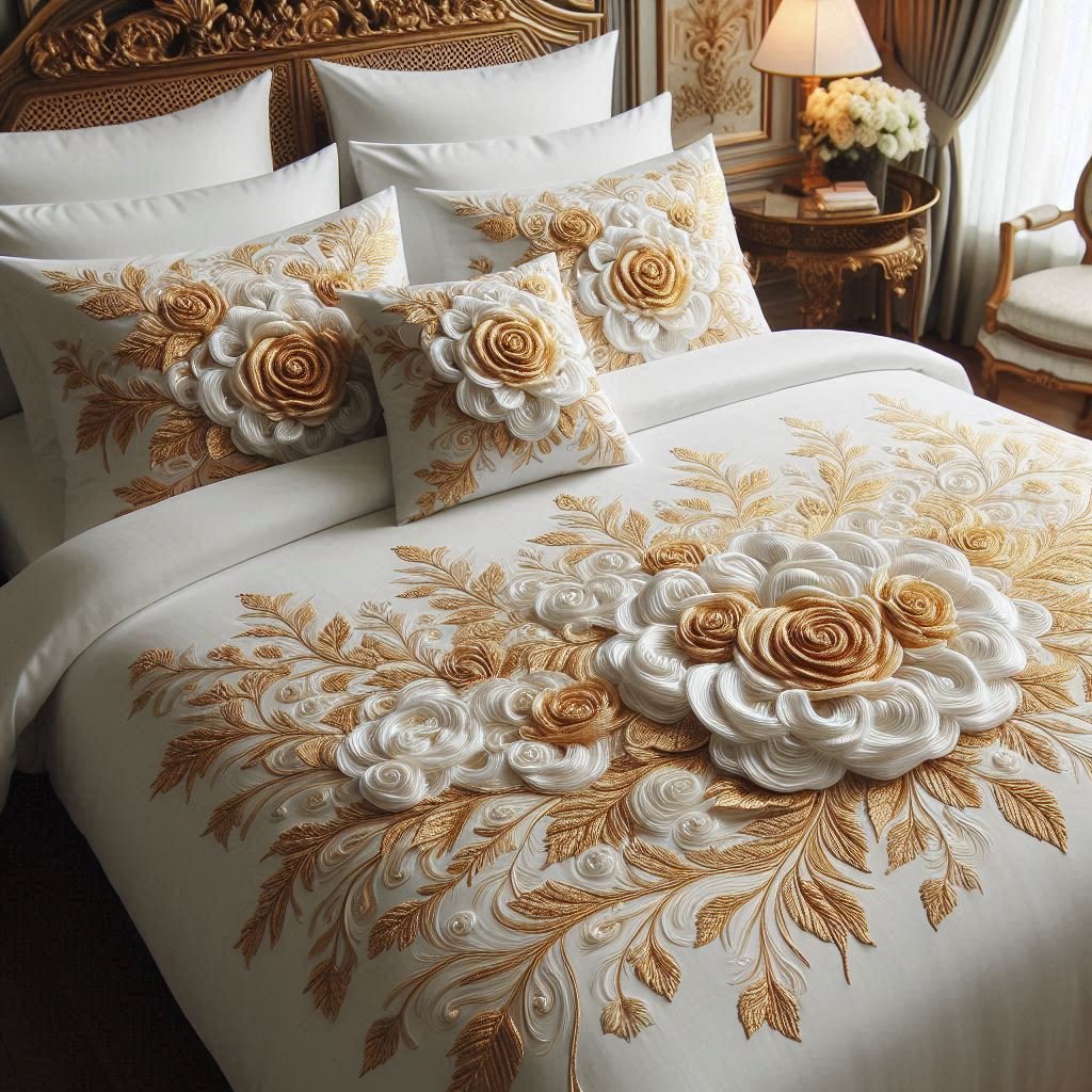 White crochet bed sheet with gold thread rose detailing and luxury handcrafted pattern.