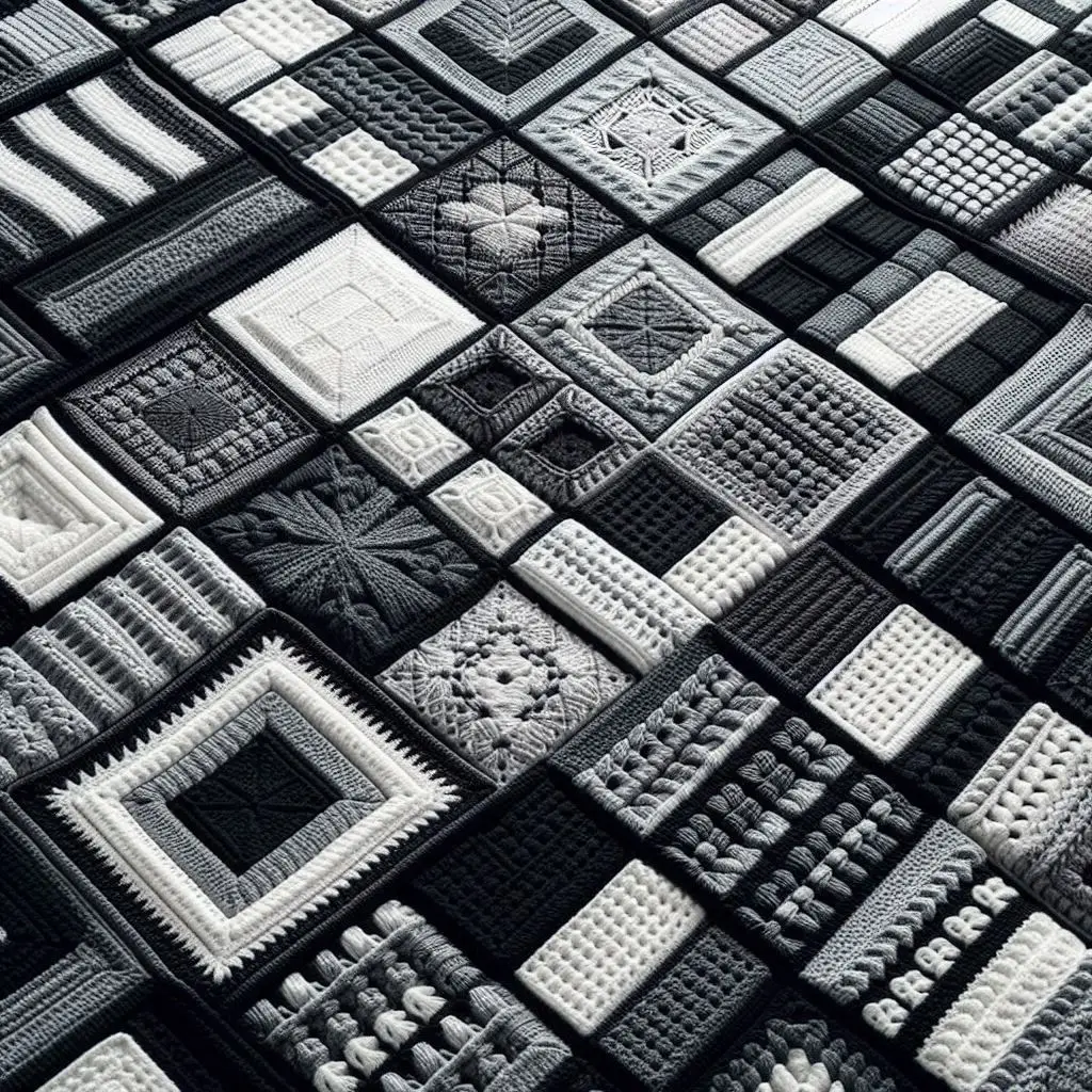 Black and white crochet patchwork bedspread.