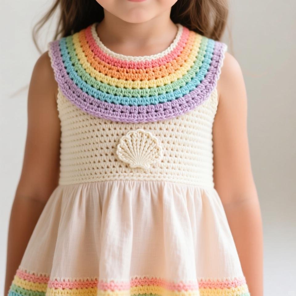 “Handmade rainbow shell-stitch crochet baby dress with colorful yoke and white skirt displayed neatly on a pastel background.”