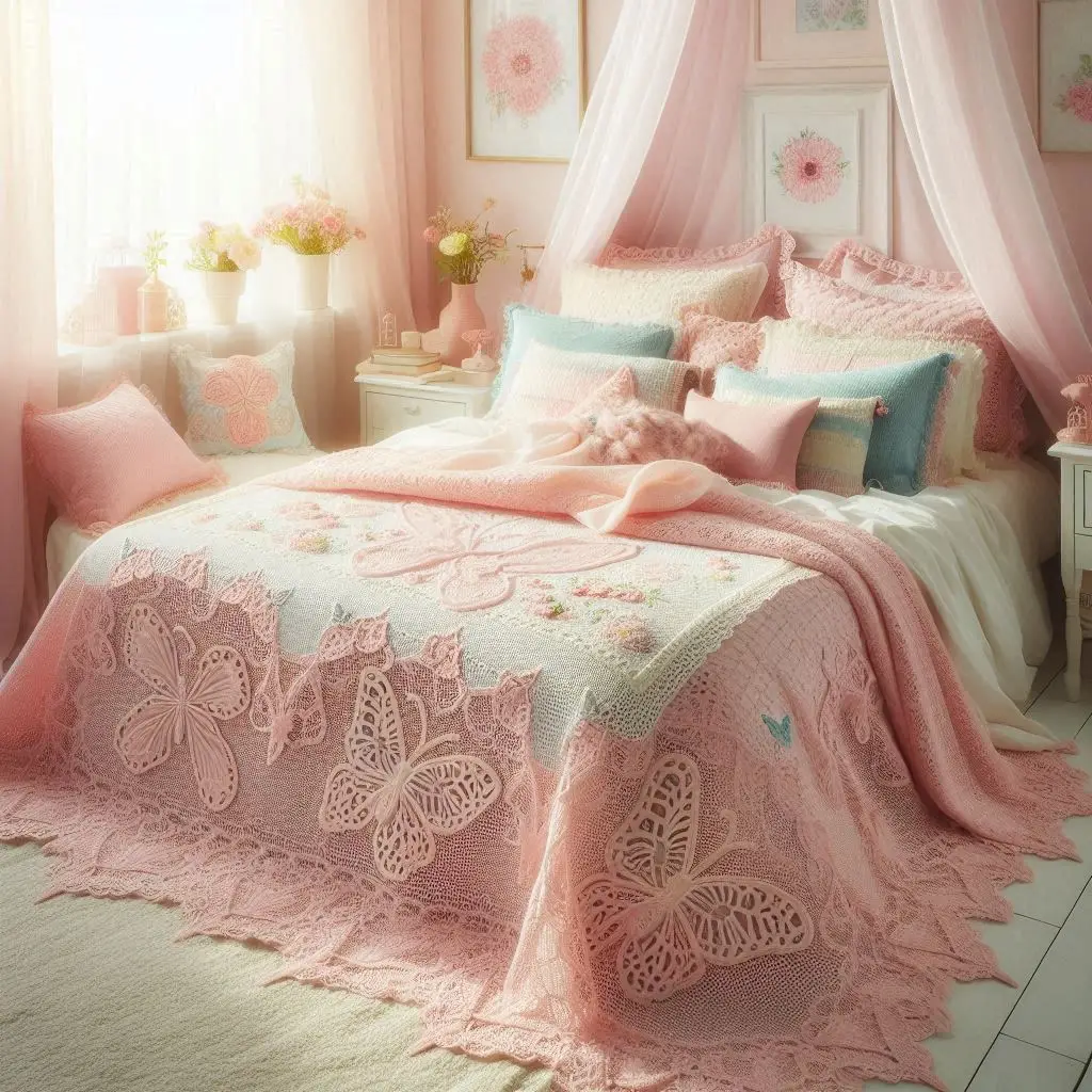 Blush pink lace bedspread with butterfly and floral cutwork.