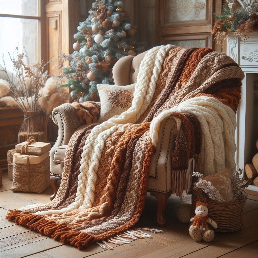 A brown and cream crochet patchwork blanket folded on a bed.