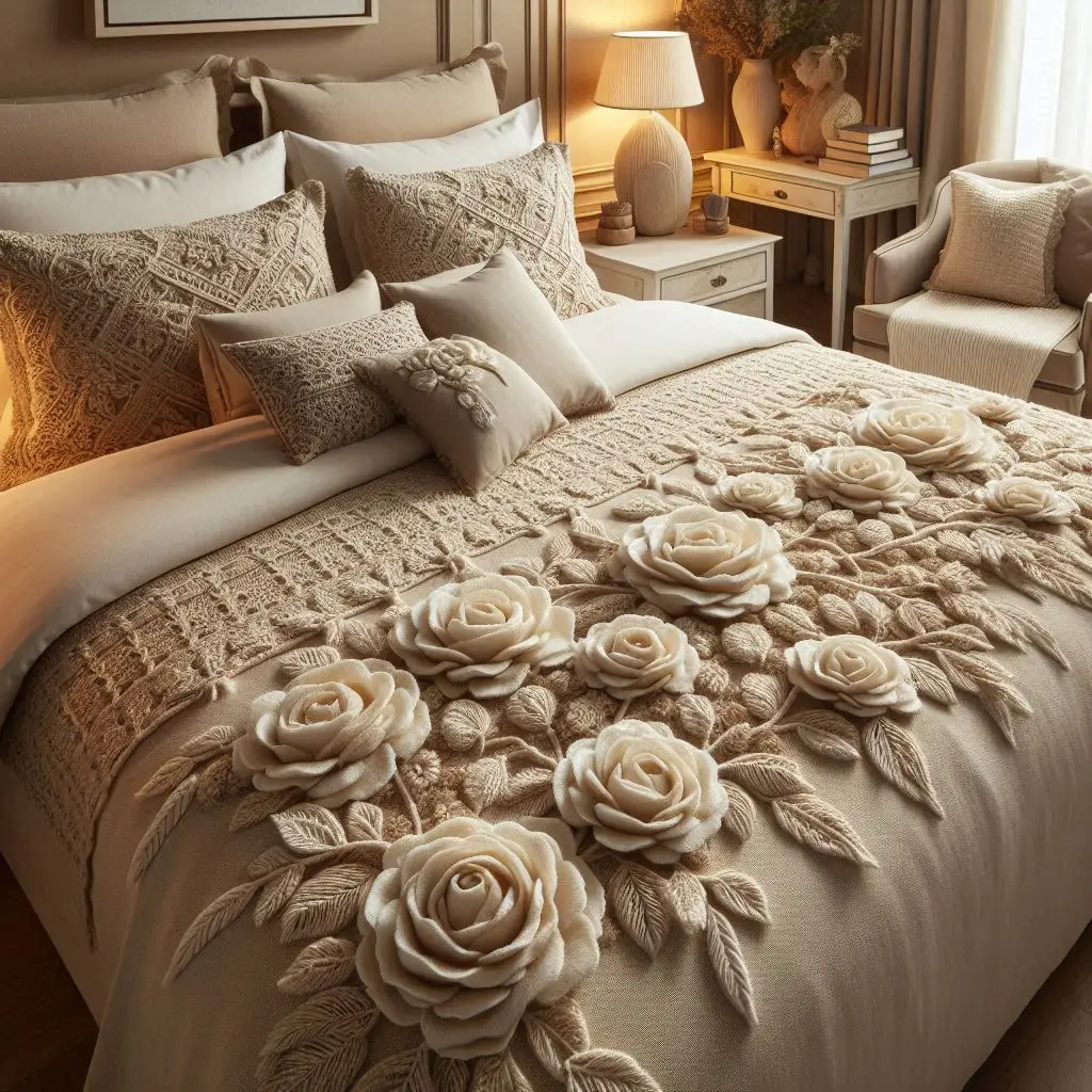 Soft beige crochet bed sheet with rose pattern and neutral floral design.