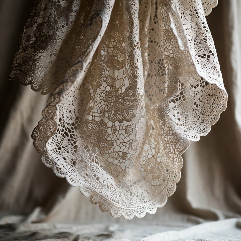 Embroidered lace fabric layered over a white cotton bed sheet.