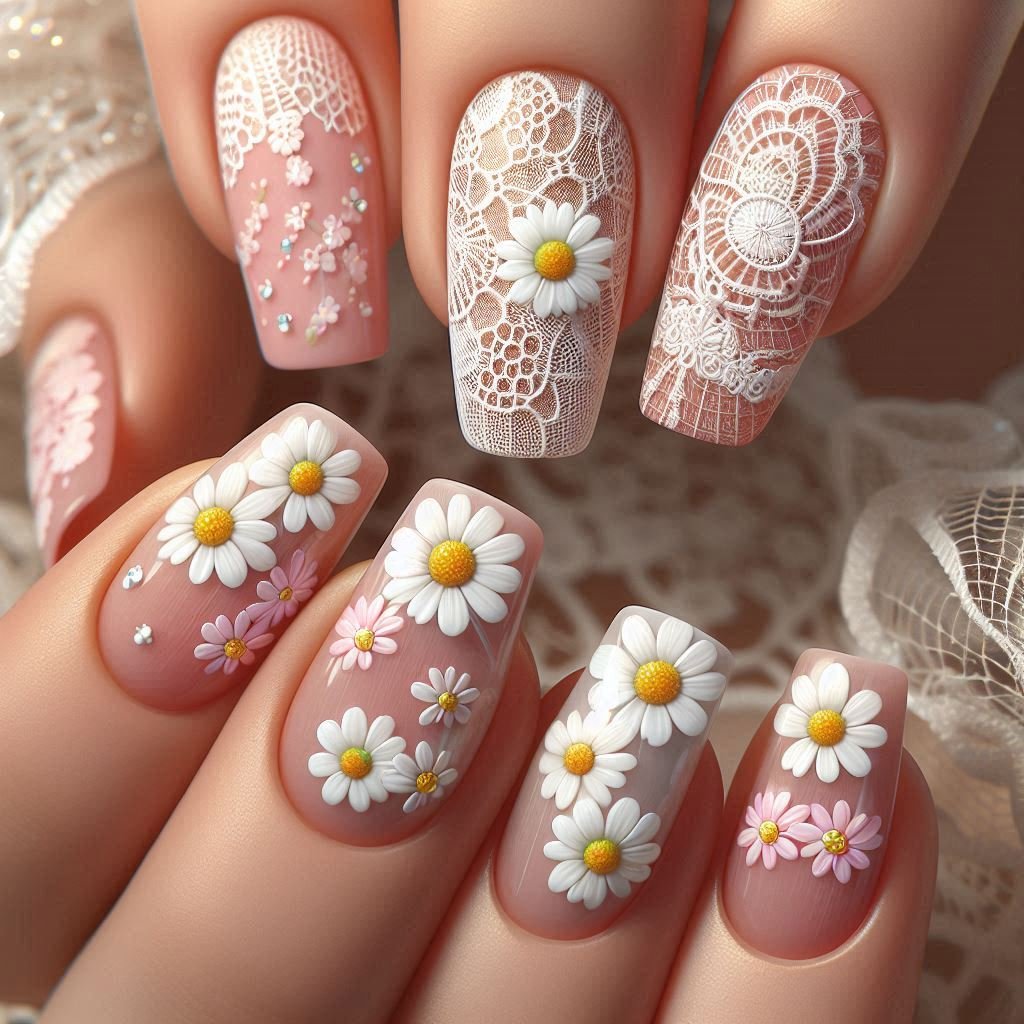White crochet lace nail art combined with daisy floral accents