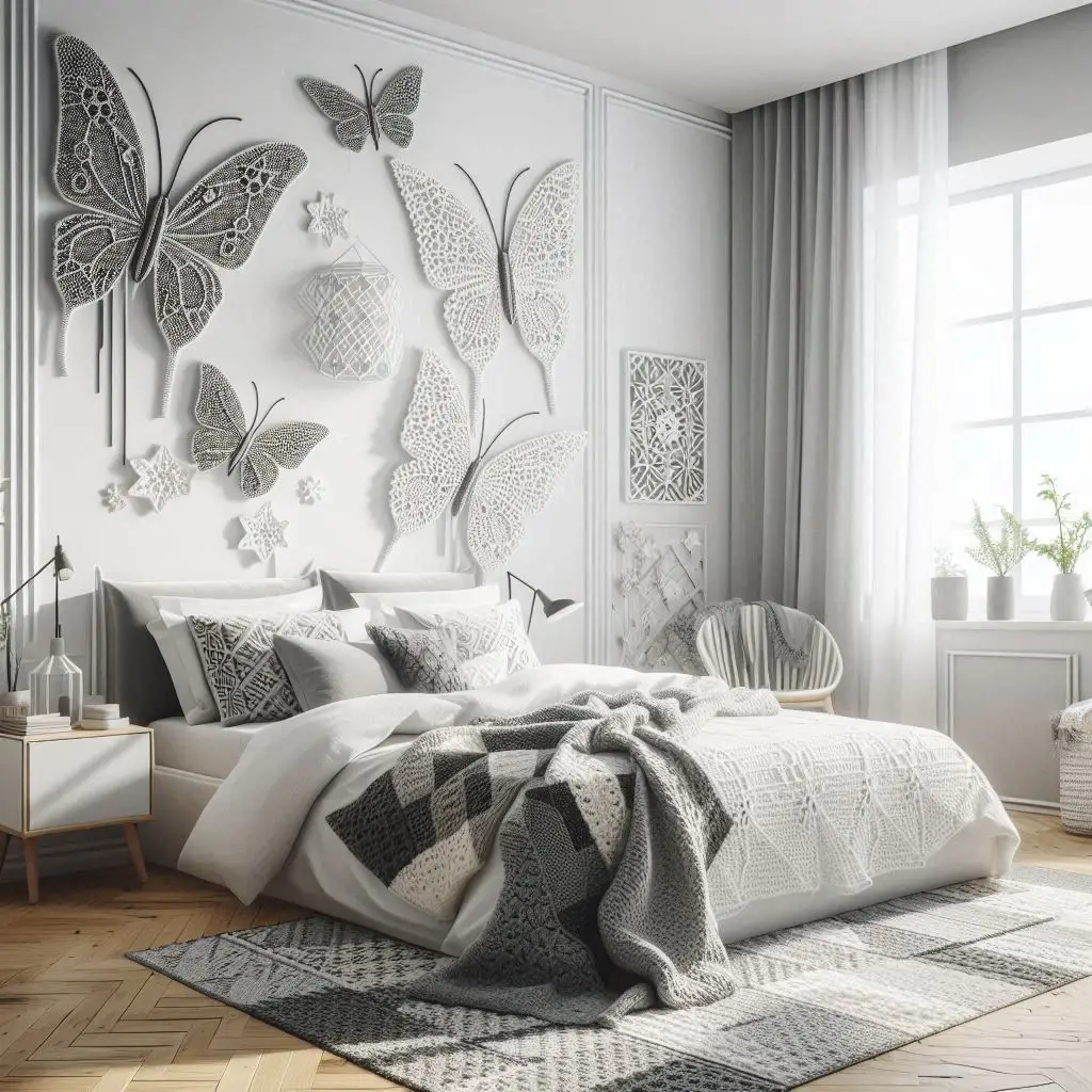 Neutral grey and white butterfly lace pattern crochet spread.