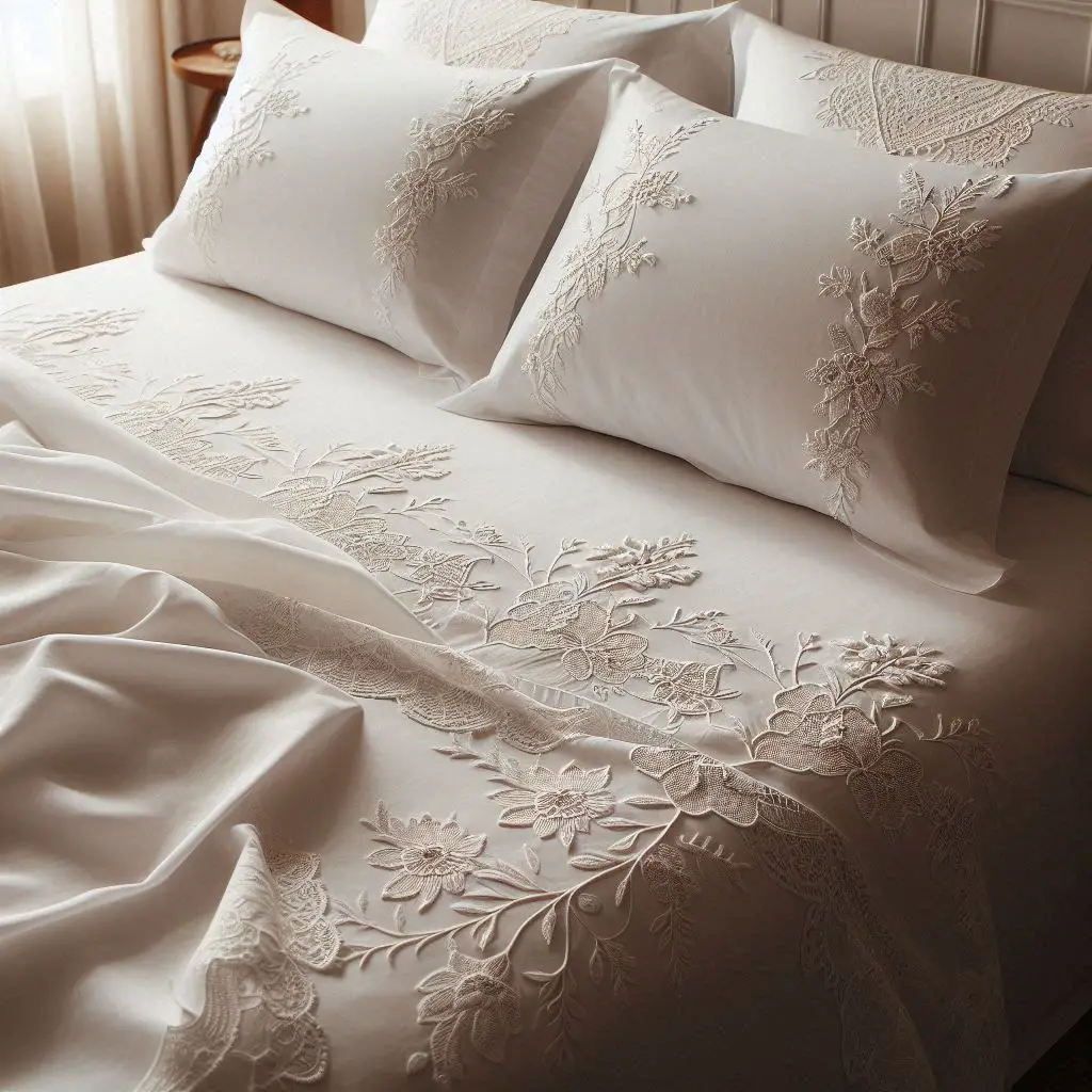 White cotton bed sheet with lace applique details at the corners.