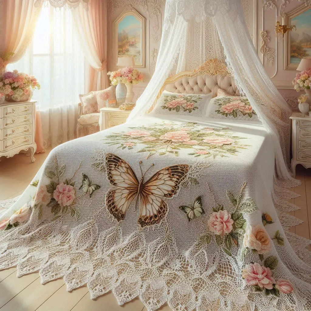 Intricately stitched butterfly motifs with fine-thread Victorian lace.