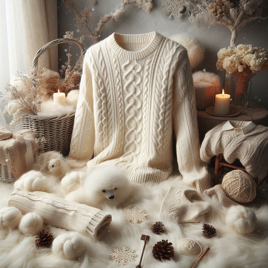 "Soft cream white alpaca wool men's sweater with luxurious lightweight handmade texture"