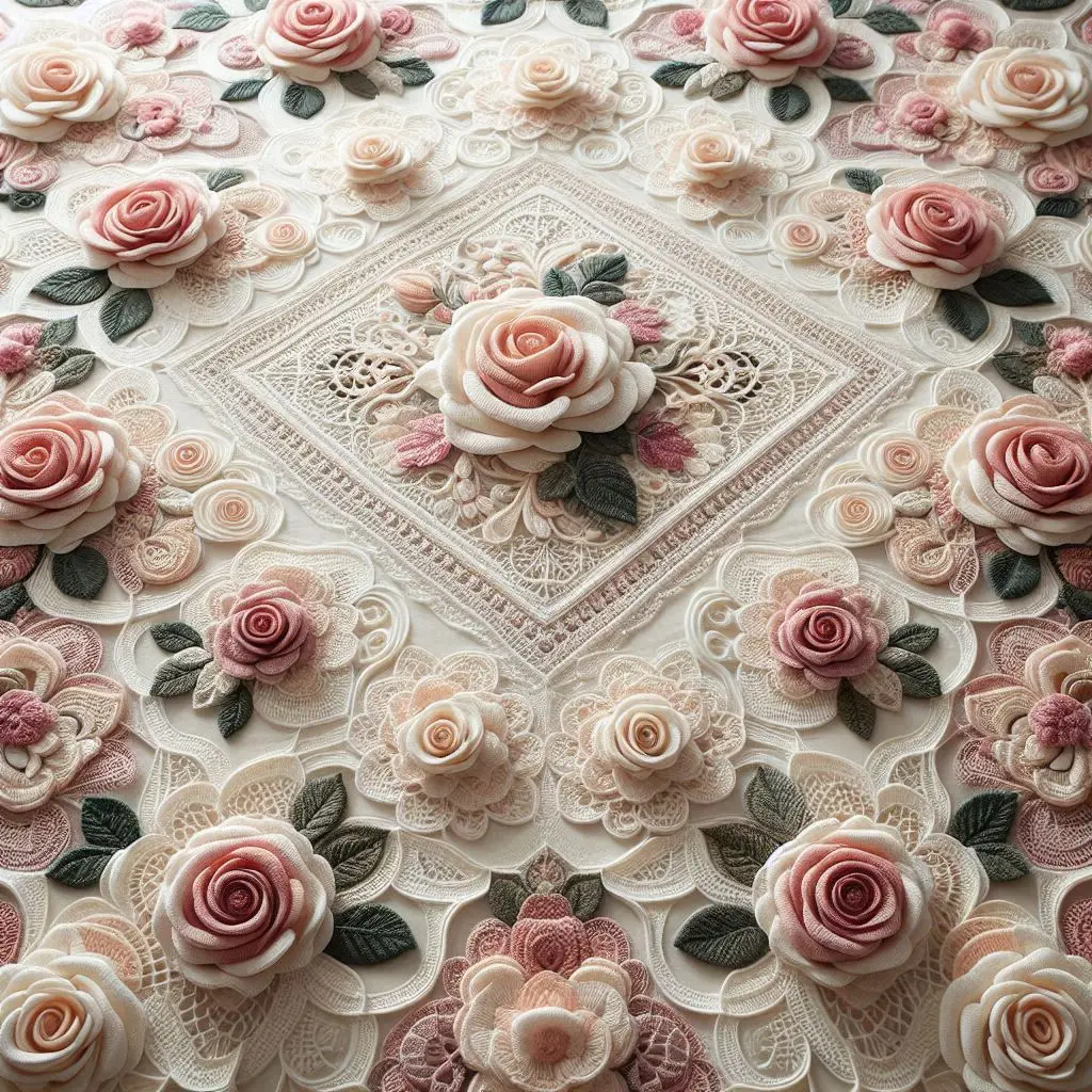 Crochet patchwork blanket with rose and floral motifs.