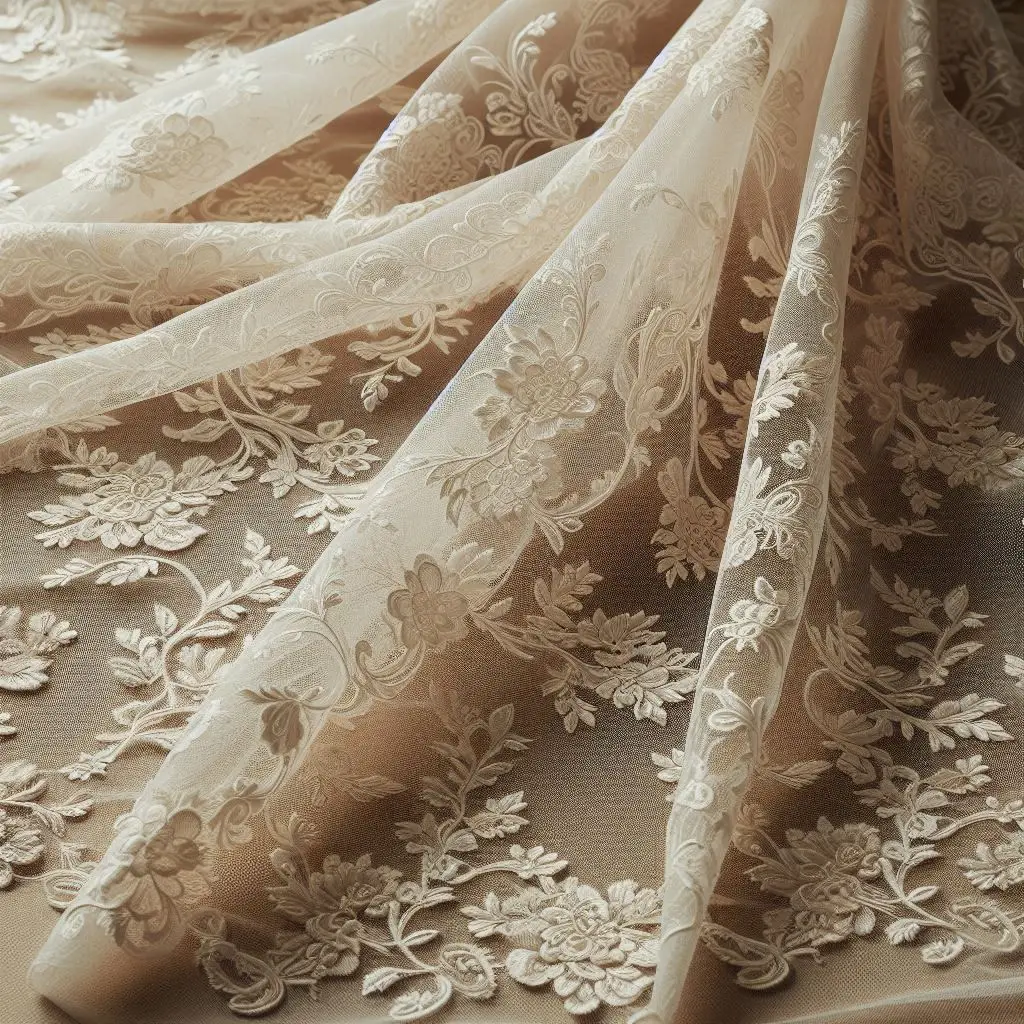 Cream lace overlay on a solid base bed sheet for layered texture.