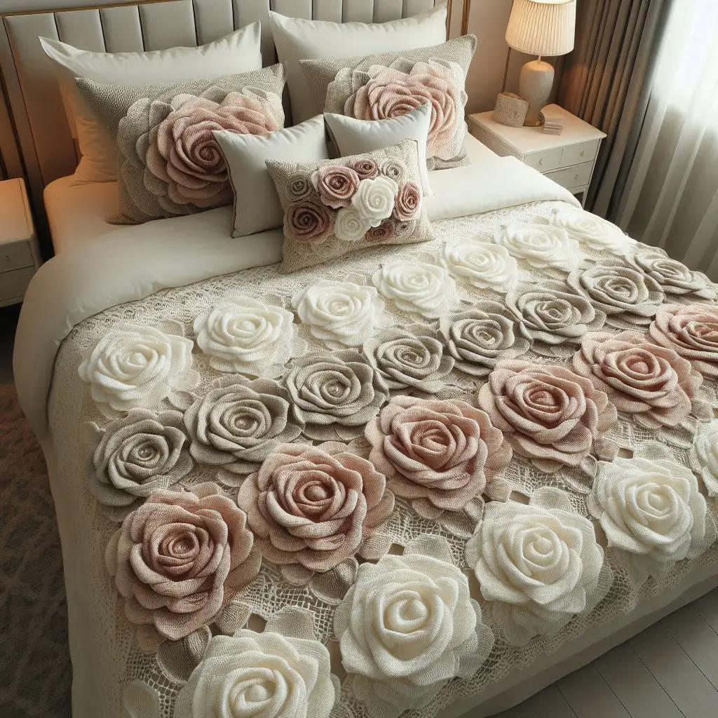 Dual-tone crochet rose bed sheet with two-color floral accents and intricate handmade stitching.