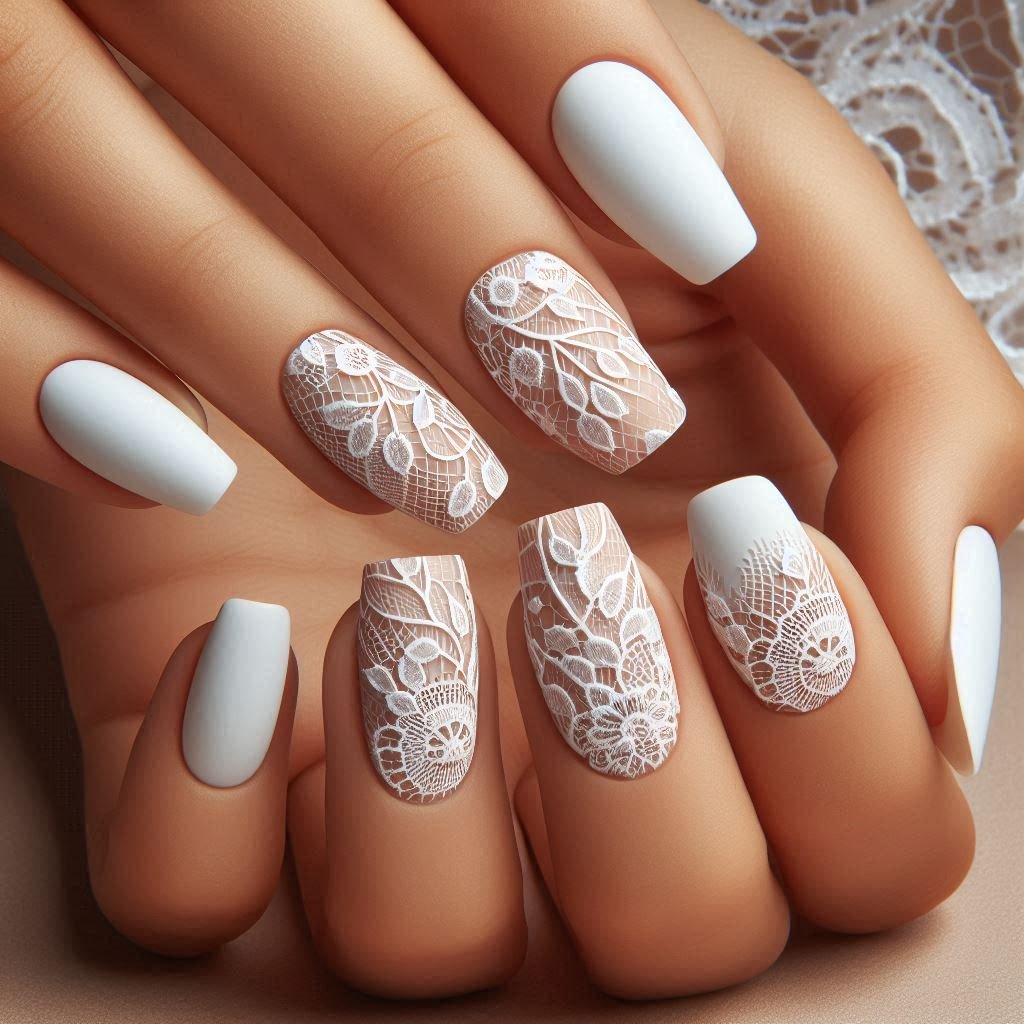 Matte white nails with delicate crochet lace doily detailing