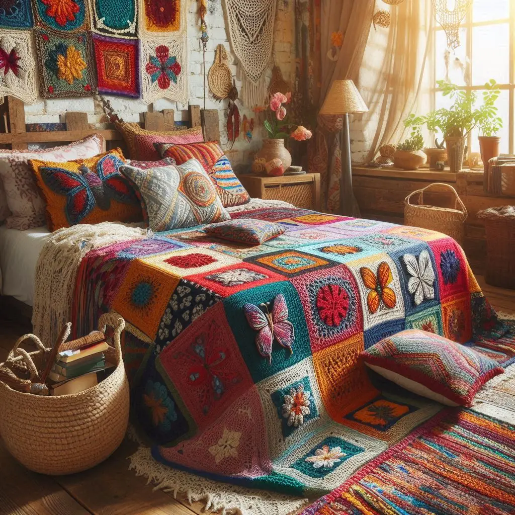 Bold, colorful butterfly and floral crochet patchwork blanket.
