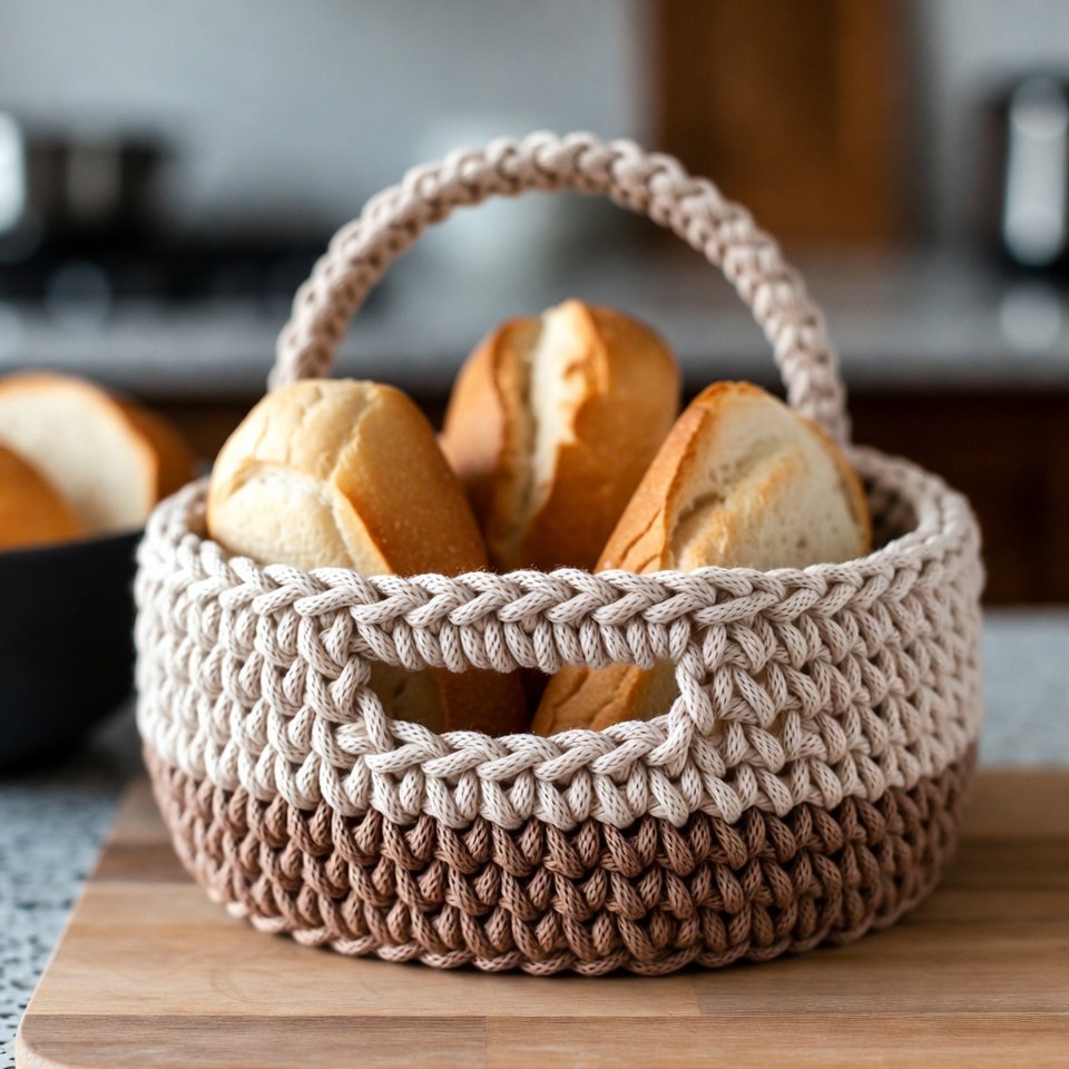“Crochet liner inside bread basket.”