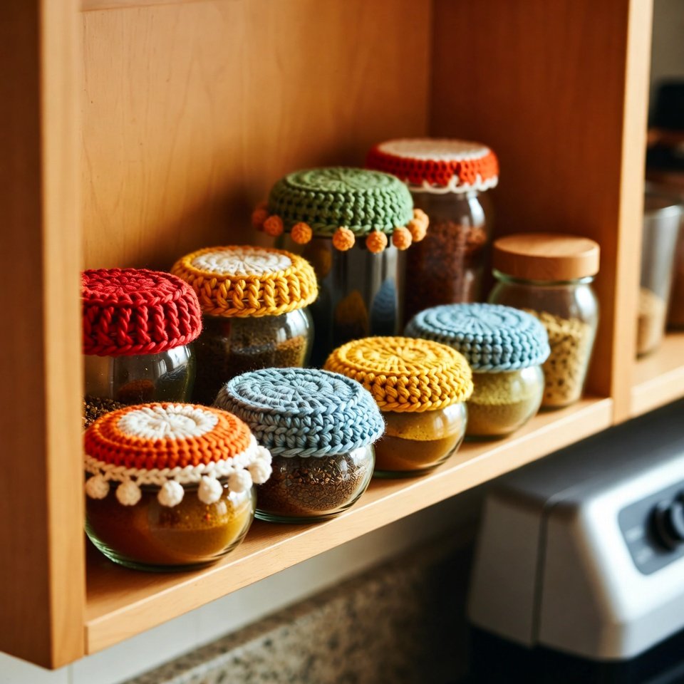 Crochet cover on spice jar.”