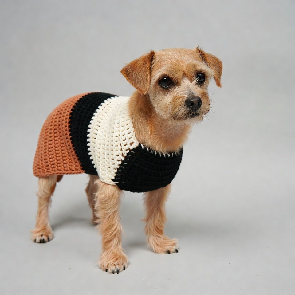 “Color-block crochet pet dress.”