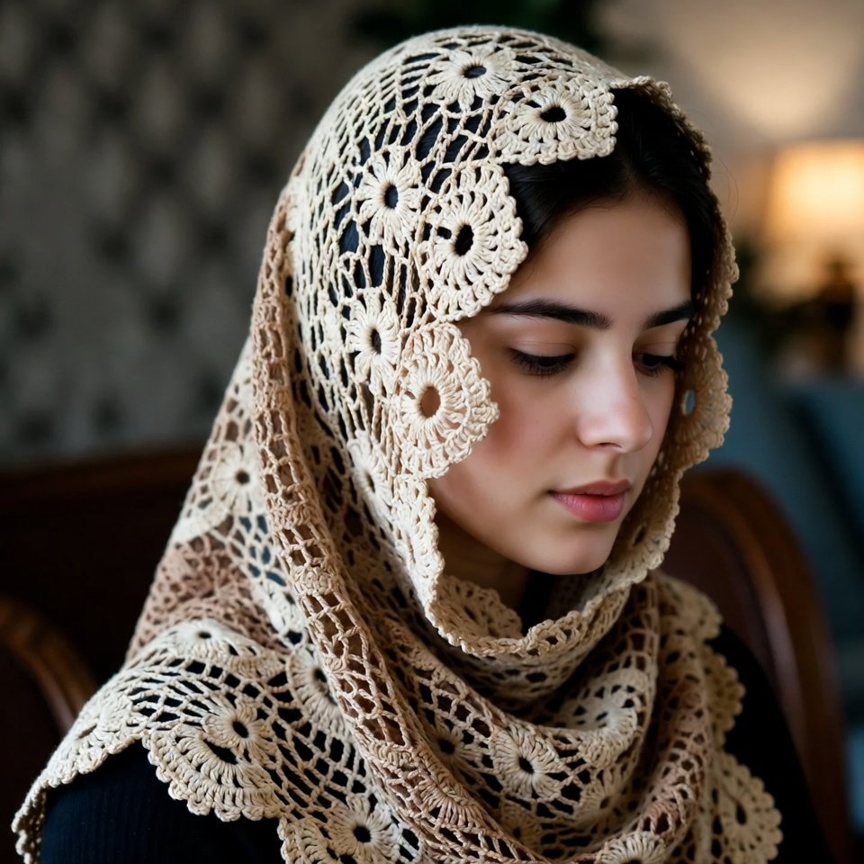 Handmade crochet lace head scarf with delicate floral openwork pattern wrapped around the head.”