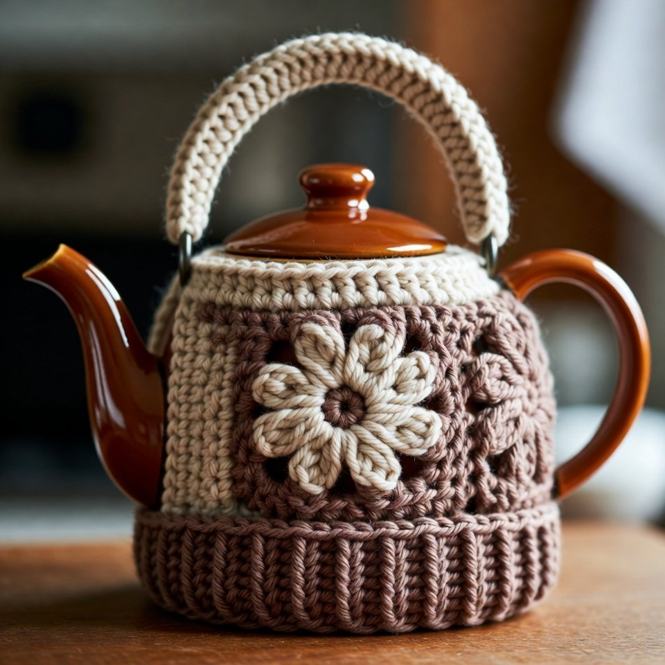 Crochet tea cozy on ceramic teapot.”