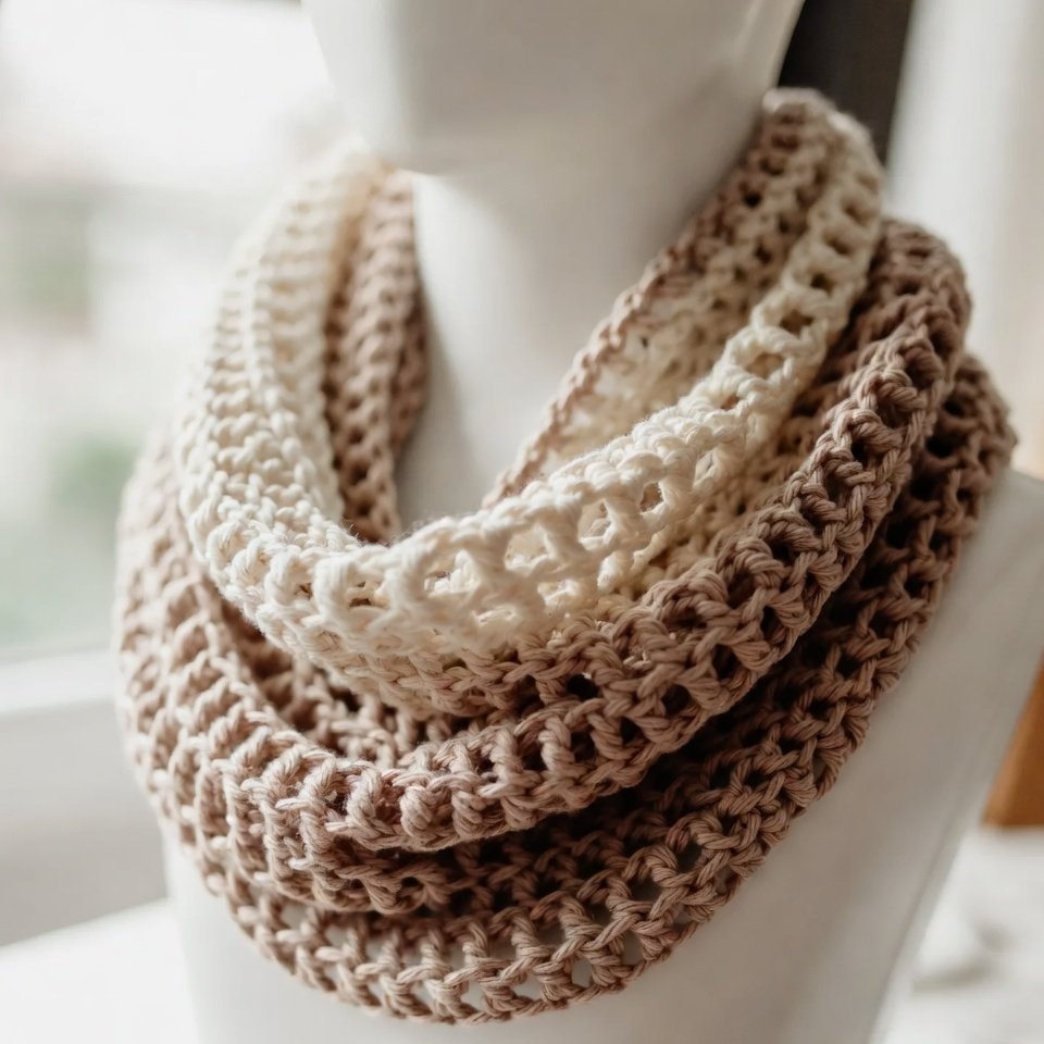“Lightweight handmade crochet infinity head scarf wrapped around head for full coverage.”