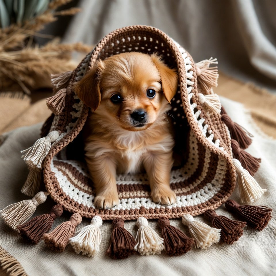 “Boho crochet pet dress with fringe.”