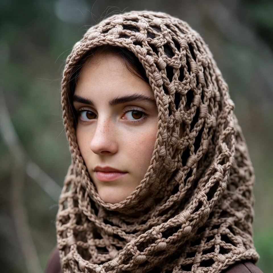 “Handmade crochet triangle head scarf covering hair and tied at the back.”