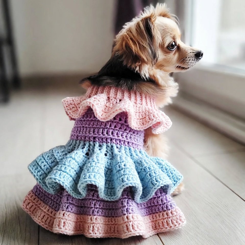 “Princess-style crochet pet dress with layered ruffles.”