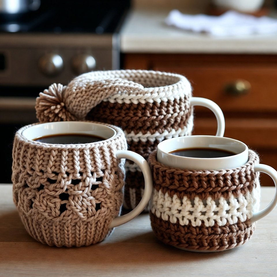 Crochet cozy around coffee mug.”