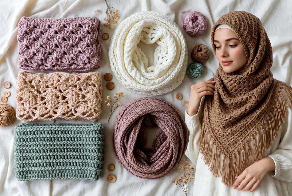 Women trendy crochet scarves styles featuring handmade hijab scarves and lace crochet head wraps
