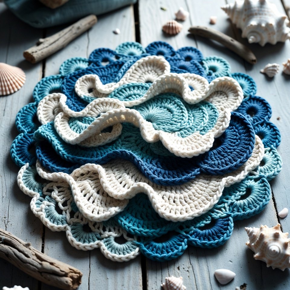 Round crochet doily with blue and white wave patterns on a wooden table, styled with seashells and driftwood.