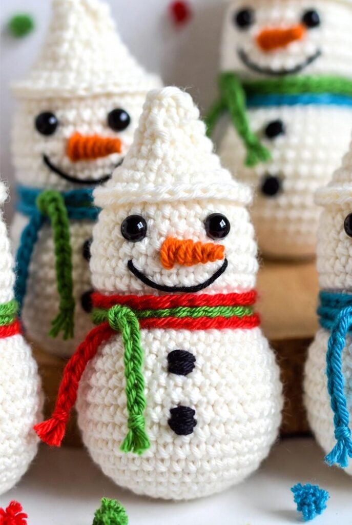 Crochet snowman appliqués with scarves and carrot noses used as Christmas decorations.