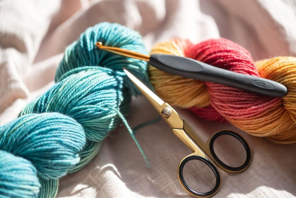 Small, sharp embroidery scissors placed with yarn skeins and a crochet hook as essential crochet tools for cutting yarn cleanly in beginner and advanced crochet projects.