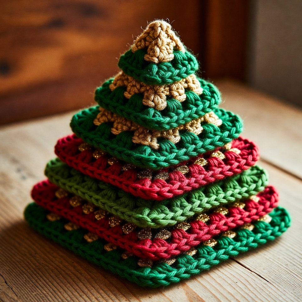 Granny square crochet Christmas tree decoration made with green yarn and festive colors.