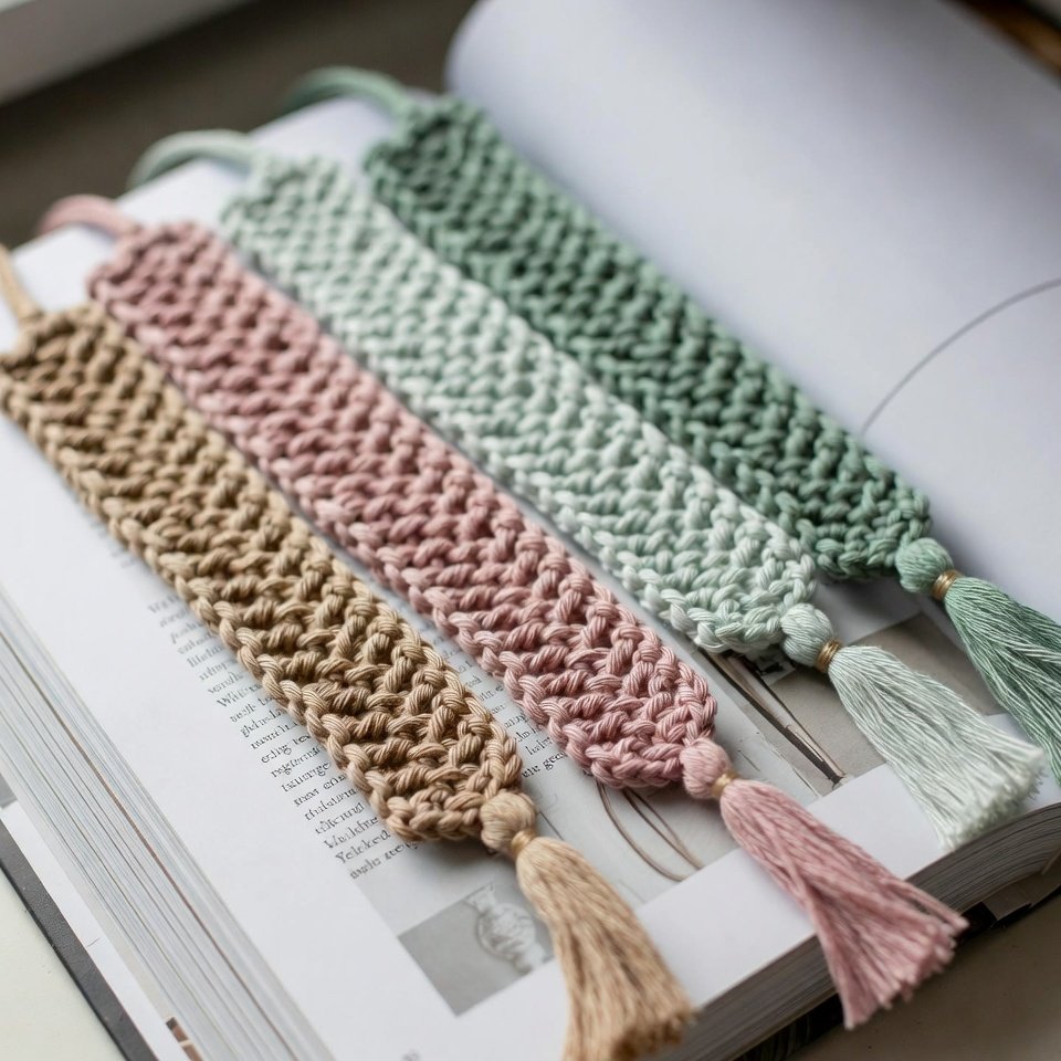 Handmade crochet bookmarks made with cotton yarn, featuring simple textured stitches and tassel ends, placed on an open book.