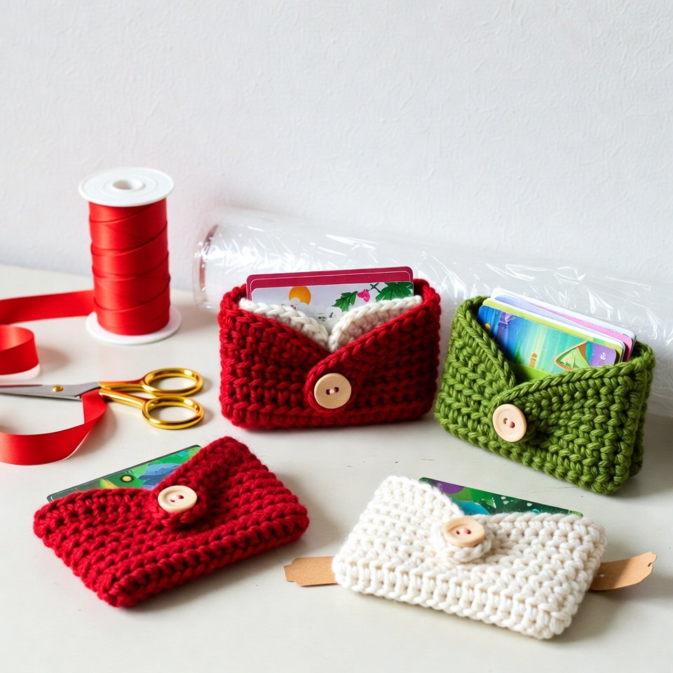 Handmade crochet gift card holders in red and green yarn with buttons.