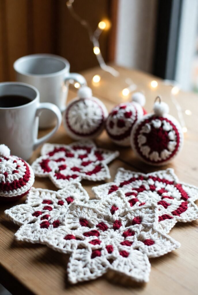 Crochet holiday coasters and ornaments in festive Christmas colors.