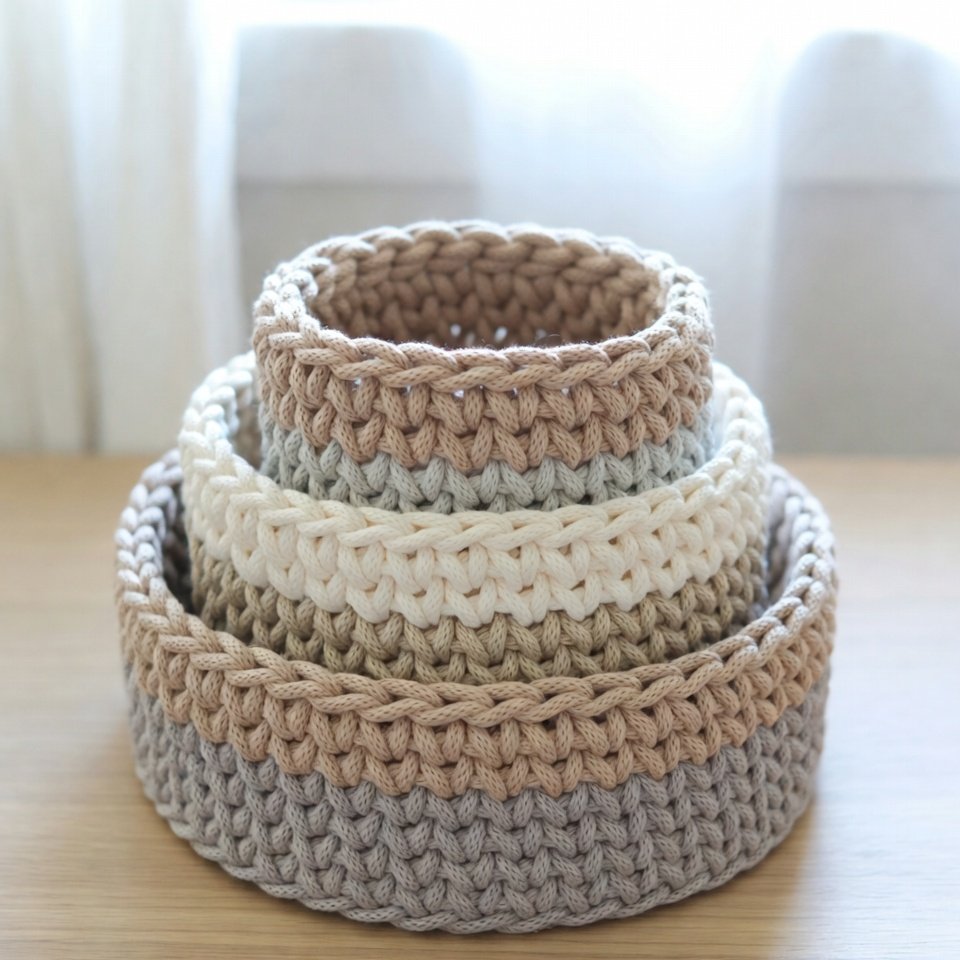 Handmade crochet mini nesting baskets in graduated sizes made with cotton yarn, stacked neatly on a wooden surface.